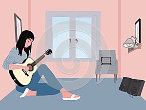 Illustration of Musical Solitude - Girl Playing Guitar in Her Room