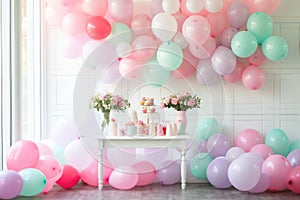 Experience the joy and excitement of a room overflowing with colorful balloons and blooming flowers, Colorful balloons and banners