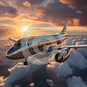 Experience magic of passenger plane as it traverses vast expanse of the sky illuminated by golden hues of sunset