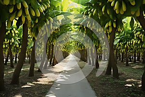 Experience the majestic beauty of a banana plantation bathed in warm, golden sunlight