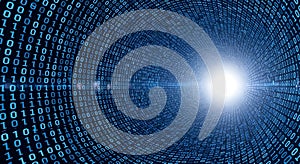 Abstract tunnel of glowing blue binary code numbers representing digital data stream and technology.