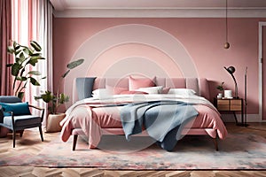 the modern charm of a spacious bedroom, adorned with a grey armchair against a captivating pink wall. The bed, adorne photo