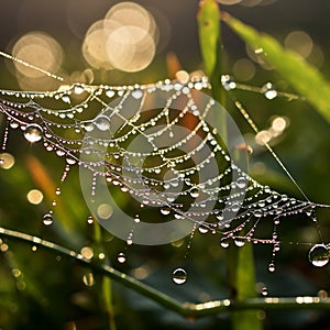 Spider web covered in dew drops, suspended in lush greenery