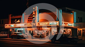 A classic movie theater with a neon marquee showcasing the latest MovieCapital blockbusters created with Generative AI photo