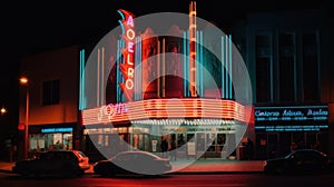 A classic movie theater with a neon marquee showcasing the latest MovieCapital blockbusters created with Generative AI photo
