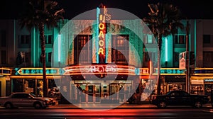 A classic movie theater with a neon marquee showcasing the latest MovieCapital blockbusters created with Generative AI photo