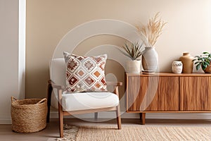 Warm Minimalist Living Room with Beige Sofa, Wooden Sideboard & Terracotta Accents â Cozy Modern Interior Design photo
