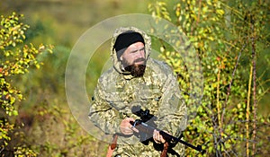 Experience and practice lends success hunting. Hunting season. Harvest animals typically restricted. Guy hunting nature