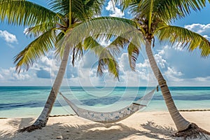 Experience pure bliss as you rest on a hammock suspended between two palm trees on a beautiful beach, A hammock strung between two