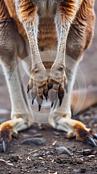 A close-up portrait of a kangaroo\'s powerful hind legs and feet photo
