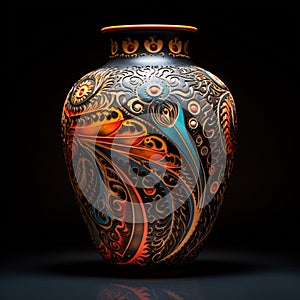 Ancient Pottery Vase with Intricate Patterns and Vibrant Colors photo