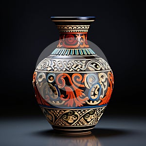 Ancient Pottery Vase with Intricate Patterns and Vibrant Colors photo