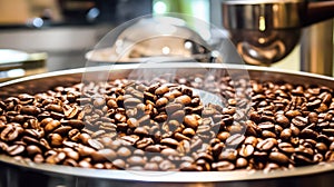 Experience the rich aroma and texture of coffee beans gracefully spread out on a surface.