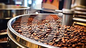 Experience the rich aroma and texture of coffee beans gracefully spread out on a surface.