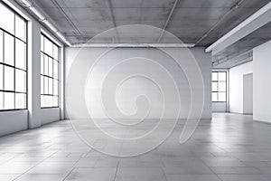 Ai Generative Modern office interior with empty white wall and concrete floor. 3D Rendering