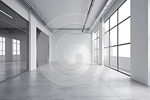 Ai Generative Modern office interior with empty white wall and concrete floor. 3D Rendering