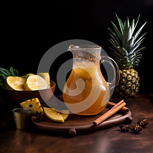 Pitcher of tepache with sliced pineapples and cinnamon stick on a table