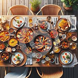 Spanish Style Outdoor Dining: Paella and Authentic Dishes on Wooden Table