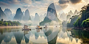 Ancient Chinese Junks Glide on the Li River A Stunning Double Exposure of Traditional Boats and Breathtaking Karst photo