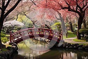 Experience tranquility and serenity as you traverse the picturesque red bridge over a small pond in this beautiful park, A