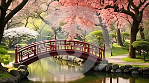 Experience tranquility and serenity as you traverse the picturesque red bridge over a small pond in this beautiful park, A