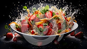 Experience the vivid world of Asian culinary delights through dynamic splashes in aerial food photography.