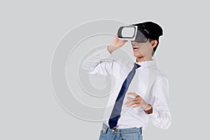 Experience of young asian businessman wearing VR Headset with excited isolated on white background.