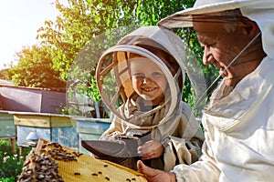 An experienced beekeeper transfers knowledge of beekeeping to a small beekeeper. The concept of transfer of experience.