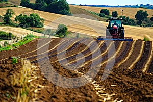 An experienced farmer drives a powerful tractor through a fertile field. The wheels leave marks on the ground as it moves steadily