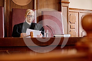 Experienced female judge in black gown reading juridical paper documents