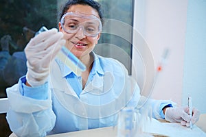 Experienced female scientific pharmaceutical chemist with test tube in hand, investigates and makes experiment in biolab