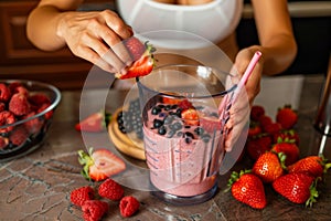 Experienced home chef preparing smoothie tasty healthy beneficial drink dietary sustainable blender mixer crushing