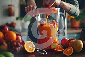 Experienced home chef preparing smoothie tasty healthy beneficial drink dietary sustainable blender mixer crushing photo