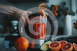 Experienced home chef preparing smoothie tasty healthy beneficial drink dietary sustainable blender mixer crushing photo