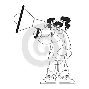 An experienced HR specialist woman holds a megaphone in her hands. HR topic. Linear black and white style.