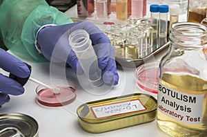 Experienced laboratory scientist analyzing a sample from a canned food can, botulism infection in sick people