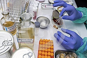 Experienced laboratory scientist analyzing a sample from a canned food can, botulism infection in sick people