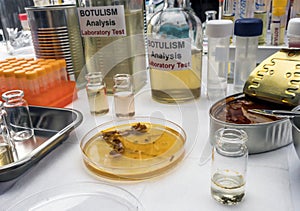 Experienced laboratory scientist analyzing a sample from a canned food can, botulism infection in sick people