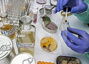 Experienced laboratory scientist analyzing a sample from a canned food can, botulism infection in sick people