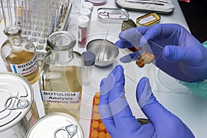 Experienced laboratory scientist analyzing a sample from a canned food can, botulism infection in sick people