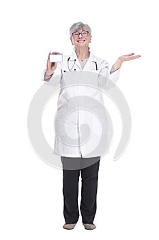 experienced medical doctor woman showing her visiting card.