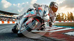 Experienced motorcyclist skillfully leaning into sharp turn during thrilling high speed race photo