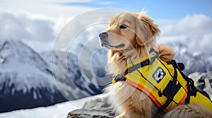Experienced rescue dog in signal vest on snowy mountain with defocused background, ready for action