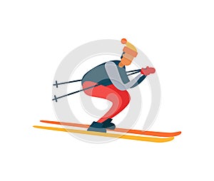 Experienced Skier on Fast Skis Moving Downhill photo