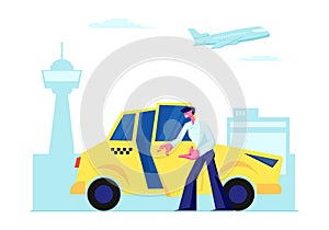 Experienced Taxi Driver Open Car Door Inviting Passenger to Sit on Airport Terminal Background. Cabbie Character Occupation, Job photo
