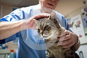 Experienced veterinarian examining a tiger brown cat with a white neck