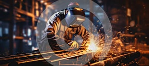 Experienced worker wearing protective gear while performing arc welding with an electric arc welder