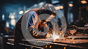 Experienced worker wearing protective gear while performing arc welding with an electric welder