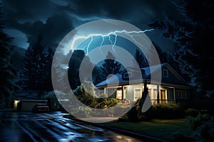 Experiencing a Homebound Thunderstorm with Lightning. AI photo