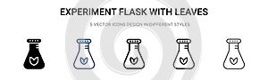 Experiment flask with leaves symbol icon in filled, thin line, outline and stroke style. Vector illustration of two colored and